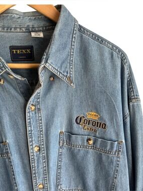 Corona Extra Embroidered Denim Button Down Shirt XL Blue Workwear Beer Western